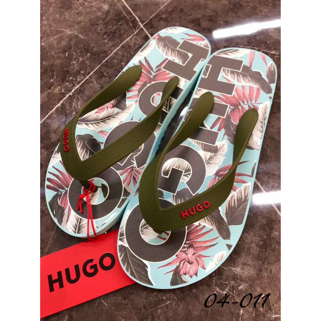 高雄凡賽斯歐洲精品 HUGO BOSS BOSS 淺綠色 滿版花卉 黑色大字體 夾腳拖 人字拖 拖鞋