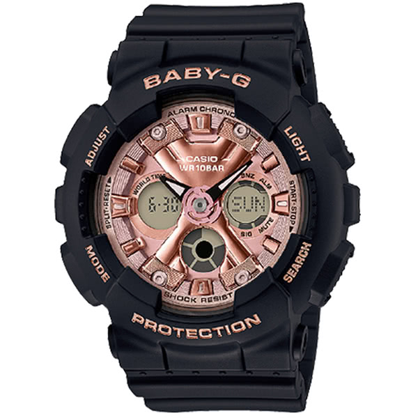 CASIO 卡西歐 BABY-G 混搭金屬三眼搖滾甜美運動女錶-黑X粉面(BA-130-1A4)