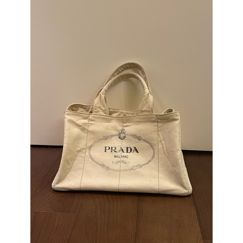 8成新 Prada logo 米色 夏天 容量大 厚帆布 帆布 沙灘包 旅行包 托特包 包包 手提包 外出包 媽媽包