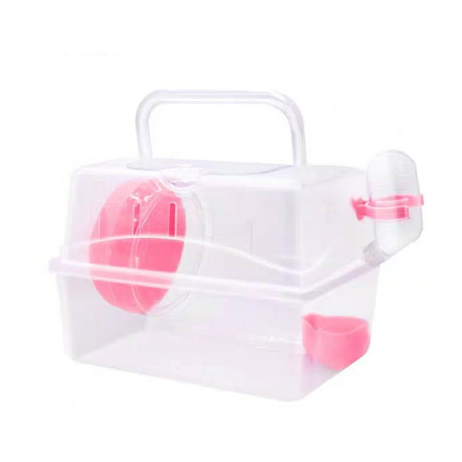 倉鼠 透明 籠子 出便攜籠小型 手提籠 透明外出籠 配件 跑輪 真空水壺 食盆 粉紅