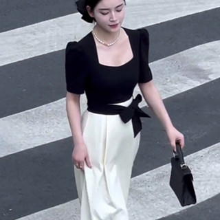 胖胖美依 小香風洋裝 A字裙短袖洋裝 收腰高腰禮服S-XL法式赫本風連衣裙高階感名媛拼接長裙子G643D1.6672