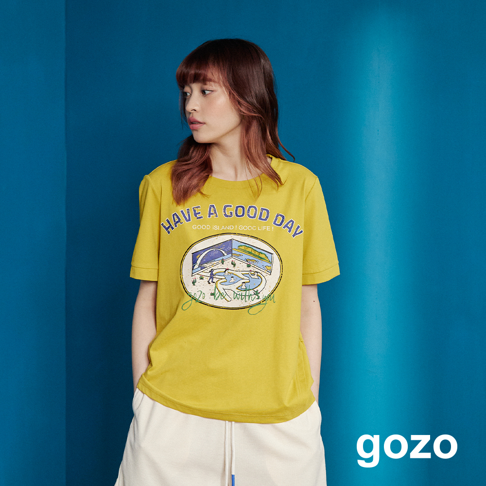 【gozo】澎湖good day下擺假兩層T恤(黃色/深綠_M/L) | 女裝 圓領 百搭