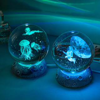 送禮推薦 現貨《創意禮品】發光海洋水晶球夜燈 3D內雕水晶擺飾系列 ♥ 8cm圓球 樹脂底座 禮品 ♥ 玻璃 禮物