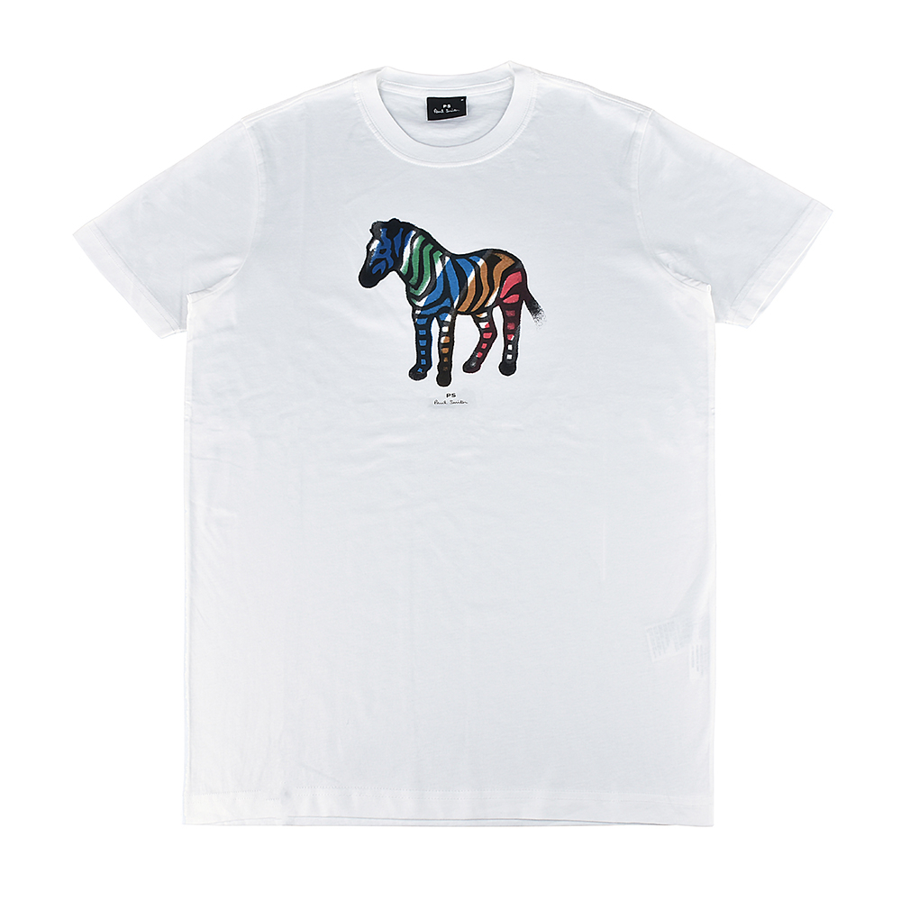 PAUL SMITH黑字印花LOGO噴繪斑馬設計純棉短袖T恤(男款/白)