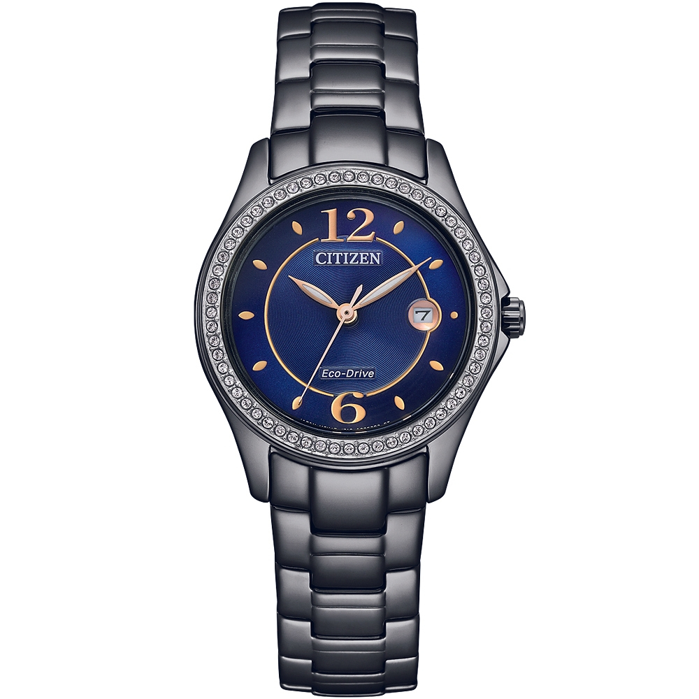 CITIZEN星辰 LADY'S 光動能時尚藍面黑鋼殼帶60顆水晶框女腕錶FE1255-84L