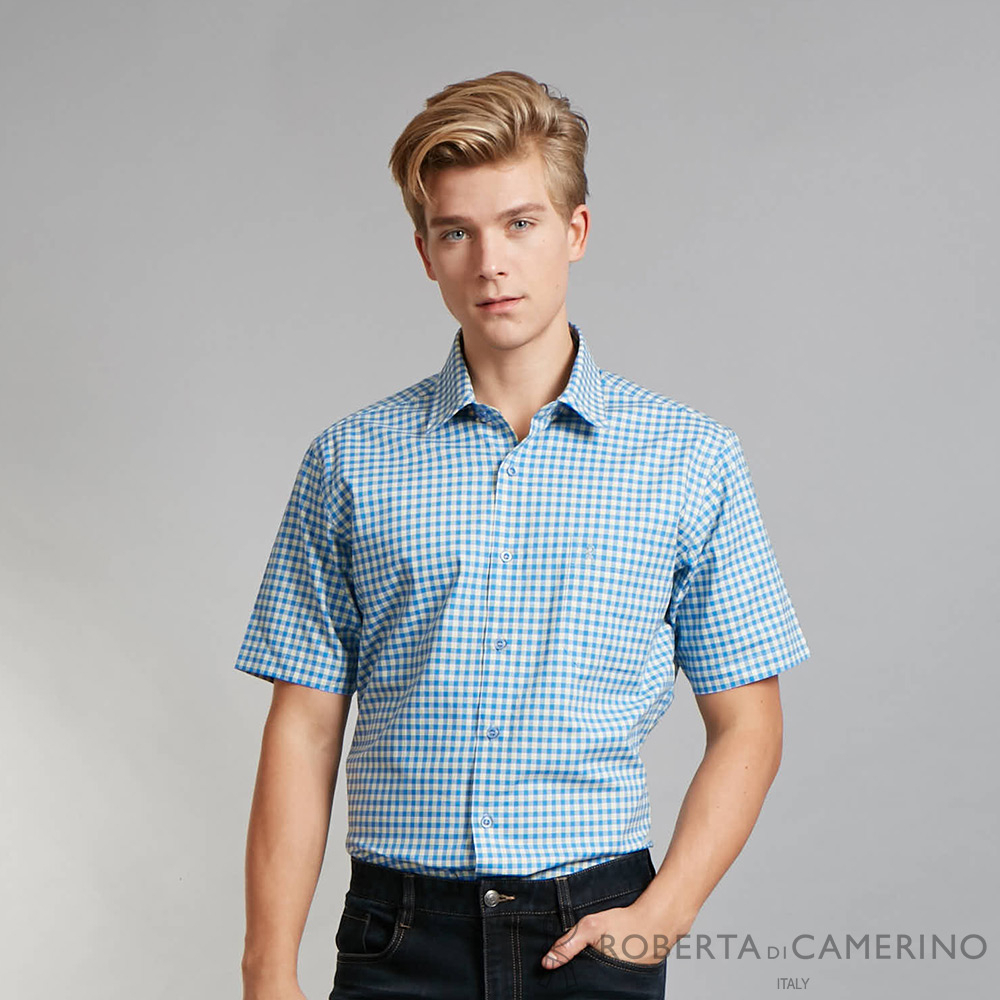 ROBERTA諾貝達 進口素材 台灣製 純棉合身版 學院風格短袖襯衫REI20-44藍色