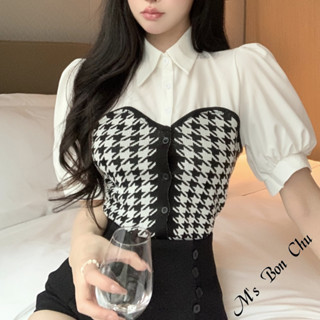 立領千鳥格上衣【70135】春夏韓版INS韓系女裝 立領上衣 千鳥格背上衣 短袖上衣 襯衫上衣 拼接上衣 Bonchu