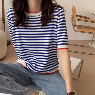 【JODIES】2色 橫條紋短袖T恤女 海軍風小清新條紋t恤 夏季新款薄款寬鬆撞色冰絲上衣 韓系基本款百搭女生短袖衣服