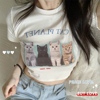 【買到戀愛】 短版 貓咪印花短袖T恤 可愛 甜美 T恤 短袖T 韓T 女上衣 【FT8835】