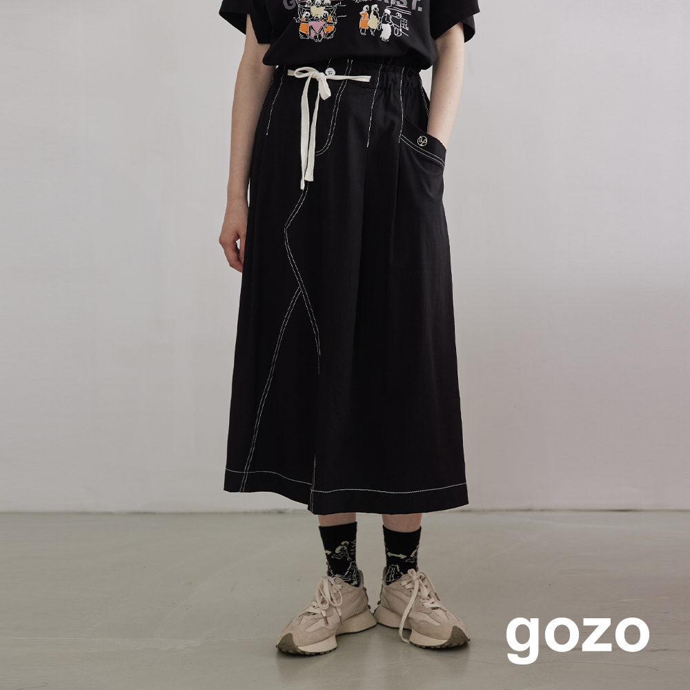 【gozo】撞色壓線抽繩鬆緊工裝裙(黑色_M/L) | 女裝 修身 百搭