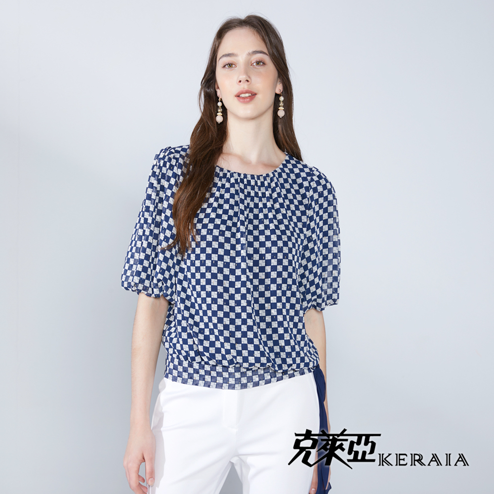 【KERAIA 克萊亞】西洋棋盤衣襬綁結設計上衣