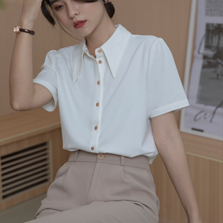 衣時尚 短袖襯衫 白襯衫 雪紡衫S-2XL夏季白色尖領緞面短袖襯衫NC13-7655 ES6