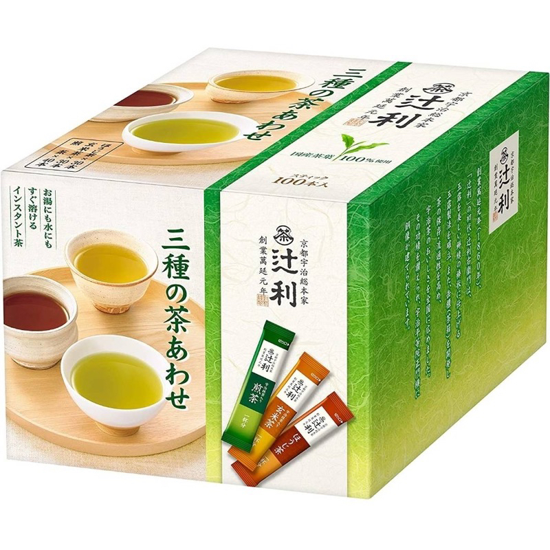 【日本進口】日本製~宇治辻利-三種茶粉組合-100包入，煎茶40包，玄米，焙茶各30包 $585KF119