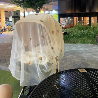 ❤️臺灣現貨快速出貨❤️韓國ins風全罩式嬰兒車嬰兒床蚊帳刺繡小雛菊紗帳/寶寶推車新生兒紗佈防蚊罩/夏季必備通風防蟲
