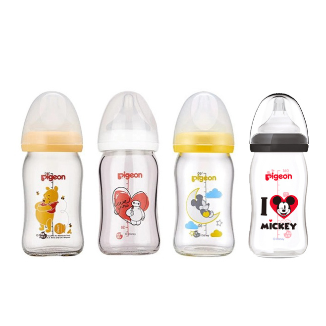 【Pigeon 貝親】第二代迪士尼寬口玻璃奶瓶160ml+贈奶瓶保護套(顏色隨機P26721/P26722)