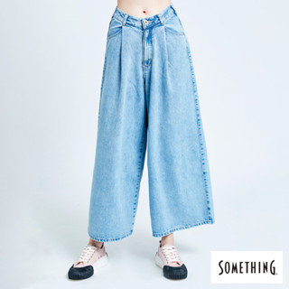 SOMETHING 女款 高腰打摺寬直筒褲(漂淺藍) 