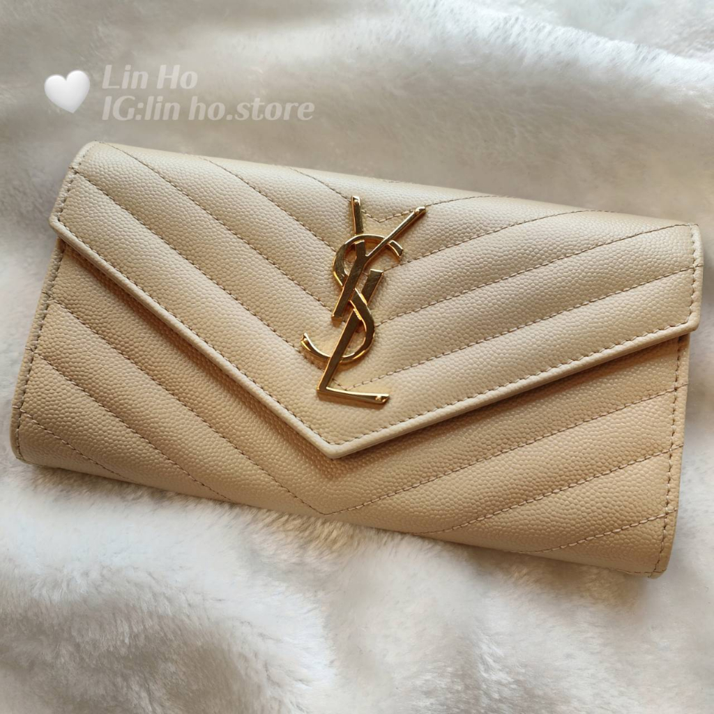 價格請私訊!!YSL MONOGRAM V字縫線荔枝紋牛皮手拿長夾 米色