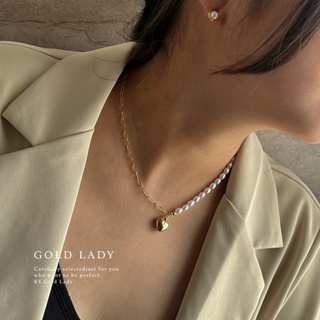 (台灣現貨)【GOLD LADY】珍珠拼接金屬鍊條愛心項鍊 A5-8