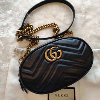 GUCCI 古馳 雙G MARMONT 黑牛皮腰包/鍊條斜揹包