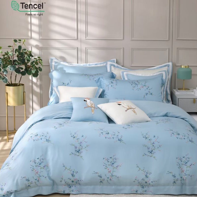 60支純天絲【花園派對-藍】床罩組 床包被套組 床包兩用被套組 JM-9063藍
