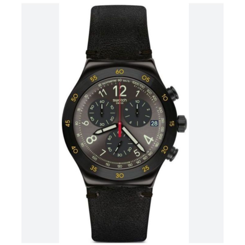 Swatch 三眼計時錶 全新金屬頭+皮革錶帶 日期顯示 夜光指針 YVB410