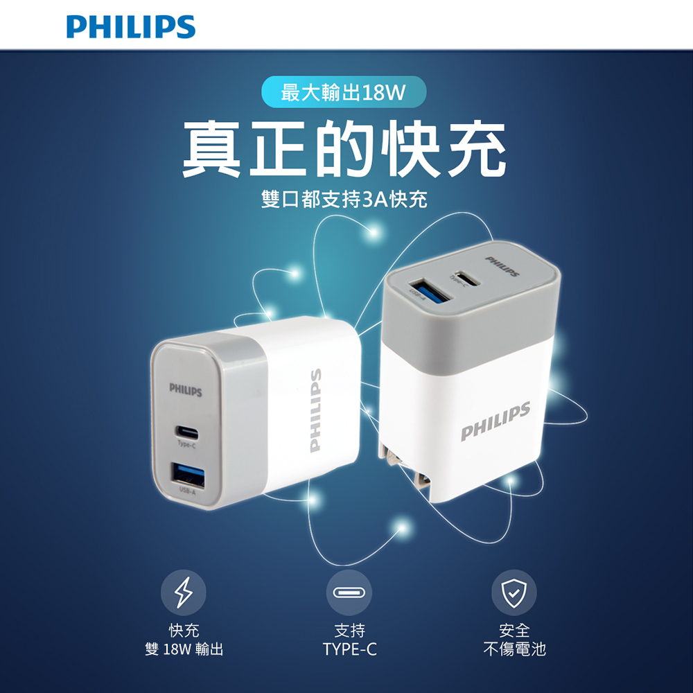 飛利浦PD+QC Type-C USB 18W雙孔充電器DLP4320C（規格同DLP4320T）