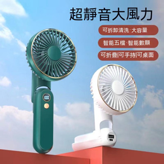 【台灣出貨】手持電風扇 充電風扇 靜音風扇 電鍍顯示屏 智能五檔 折疊風扇 小電風扇 手持風扇 充電電扇 桌上電風扇