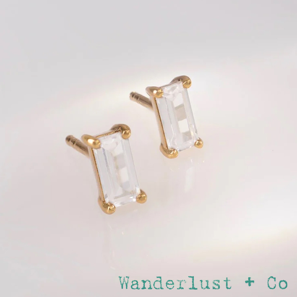 Wanderlust+Co 澳洲品牌 祖母綠切割方鑽耳環 5A頂級鋯石單鑽耳環 Baguette
