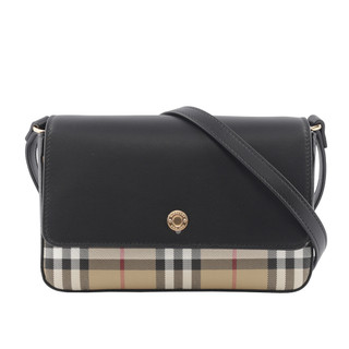 BURBERRY Penny 格紋帆布拼小牛皮翻蓋斜背包(經典米色/黑色) 8065481 A1189