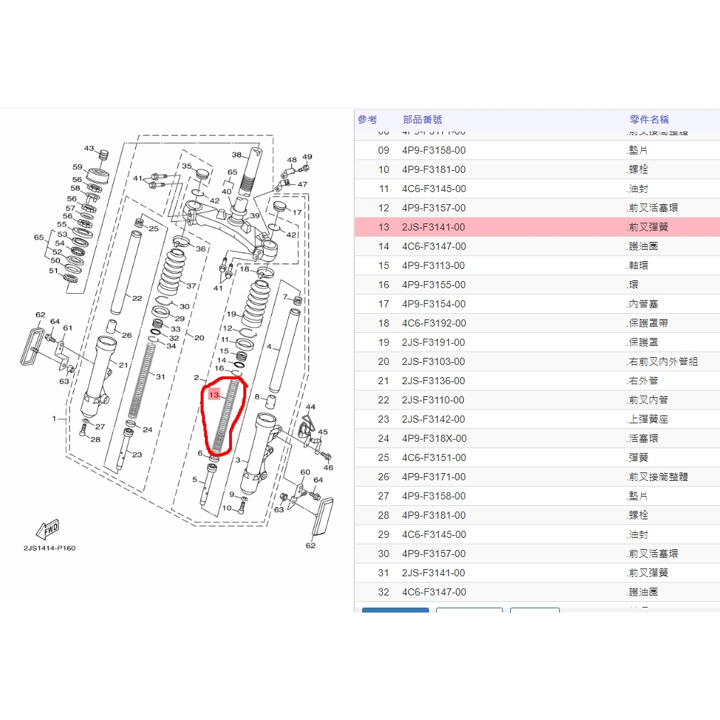 俗俗賣YAMAHA山葉原廠 前叉彈簧 BWS R 125 避震器彈簧 料號：2JS-F3141-00