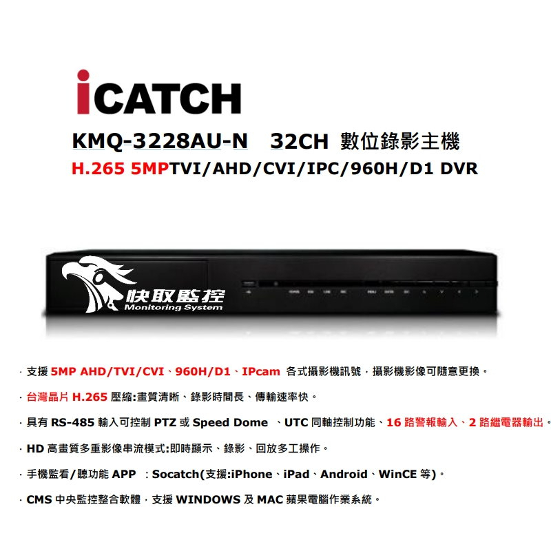 ICATCH 可取 32路8音 H.265 500萬 5MP 監視器 監控主機 KMQ-3228AU-N 實體店面