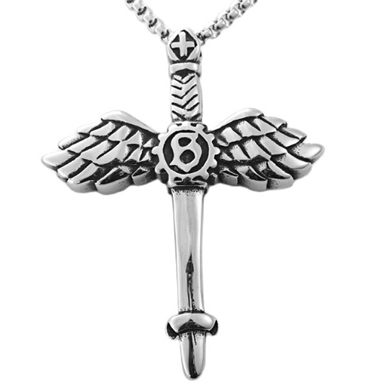 【C10020331】精緻個性羽翼十字架鑄造鈦鋼墬子項鍊