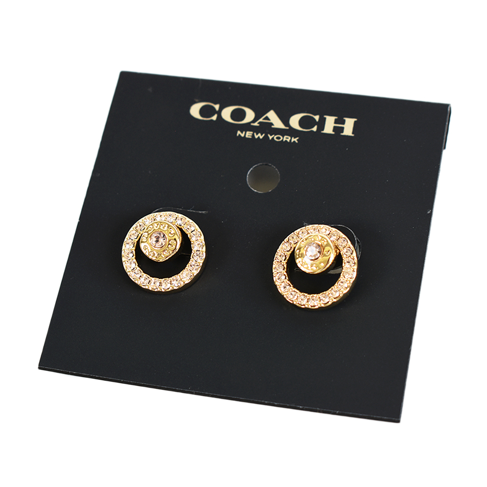 COACH 鏤空圓圈水鑽針式耳環-金色【美國正品 現貨】