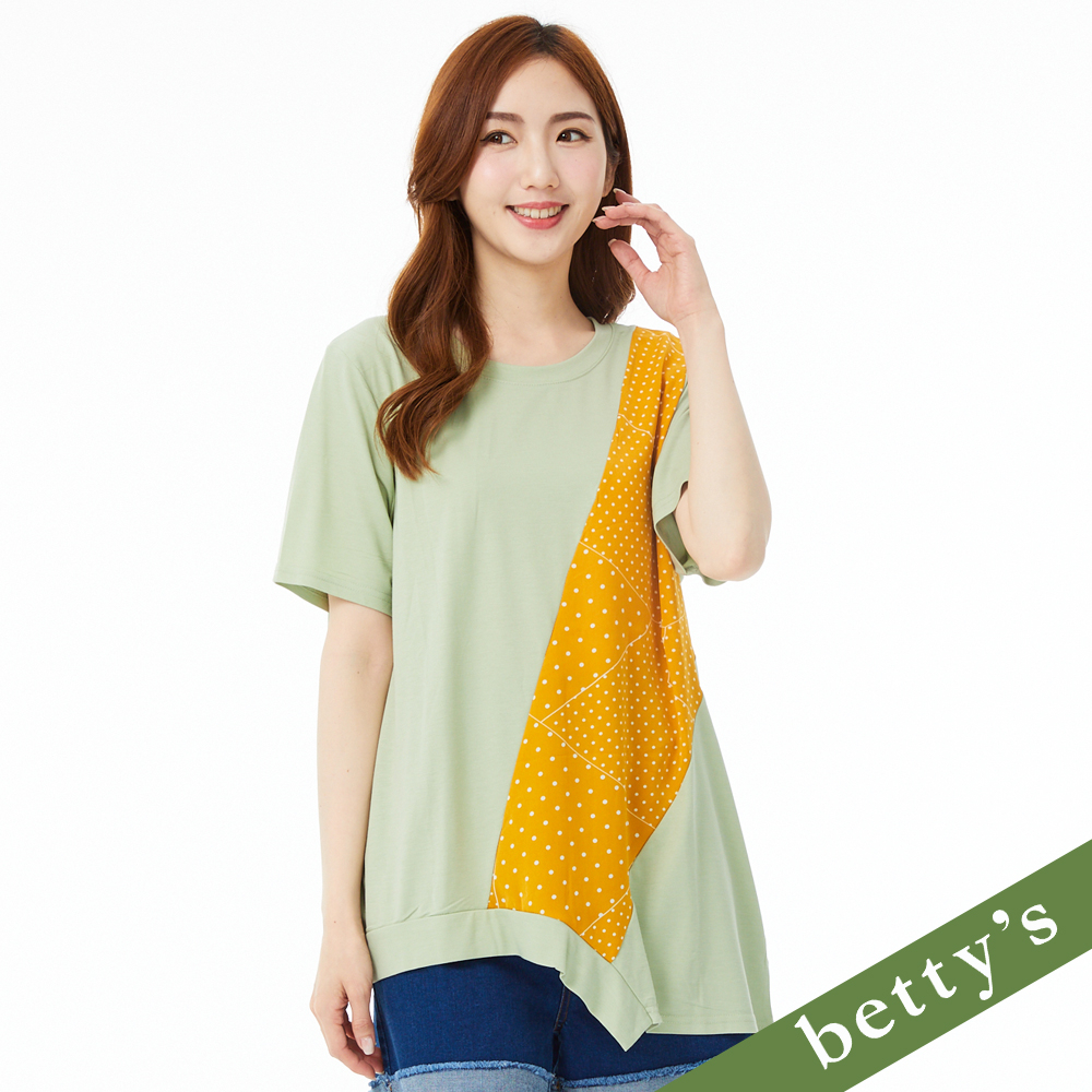 betty’s貝蒂思(21)點點拼接下擺不對稱圓領短袖上衣(淺綠)