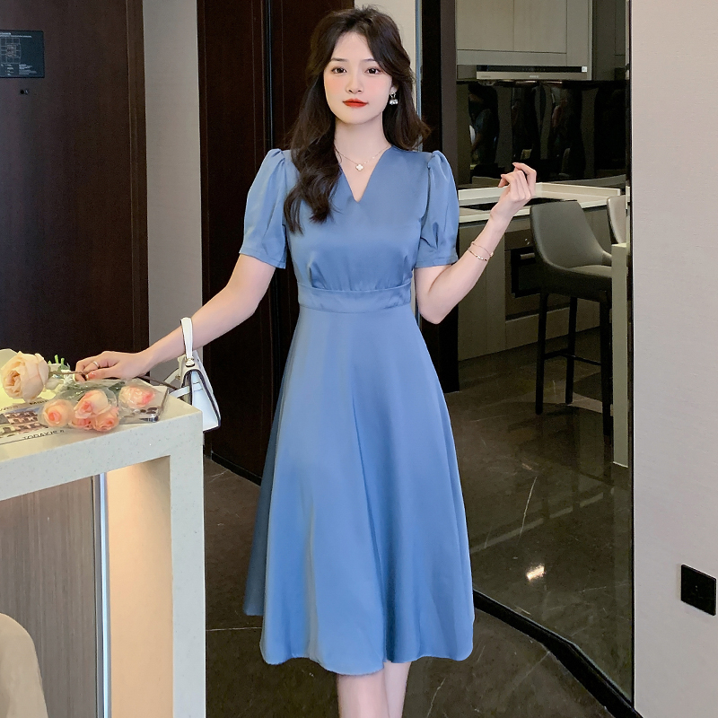 雅麗安娜 洋裝  連身裙 收腰洋裝S-2XL短袖連身裙藍色韓版高腰顯瘦V領氣質中長款裙子T105-5119.