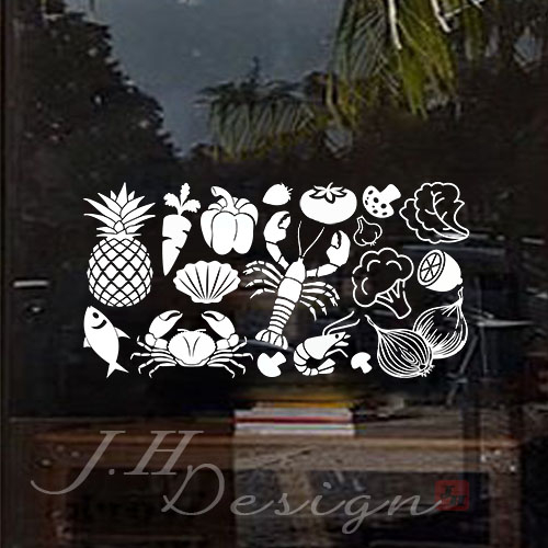 J.H壁貼☆J543蔬果 商用營業時間-標示標誌系列☆牆壁玻璃櫥窗貼紙壁紙 海鮮魚蝦 咖啡茶 麵包甜點披薩 生魚片壽司