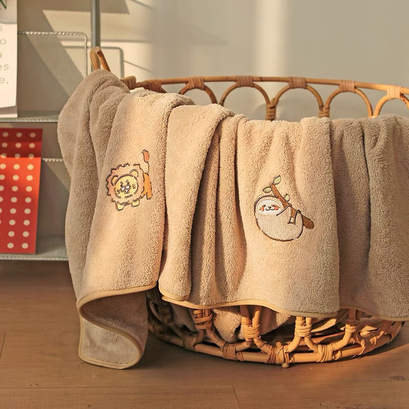 🌟現貨│兩件組│𝐇𝐀𝐋𝐎🌟 珊瑚絨 浴巾 毛巾 頭巾 乾髮巾 兩件組 吸水 家庭 樹懶 刺蝟 狐狸 綿羊 獅子