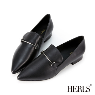 [HERLS 樣品鞋] 真皮時髦一字釦尖頭低跟鞋樂福鞋 黑色39號 原價$3380