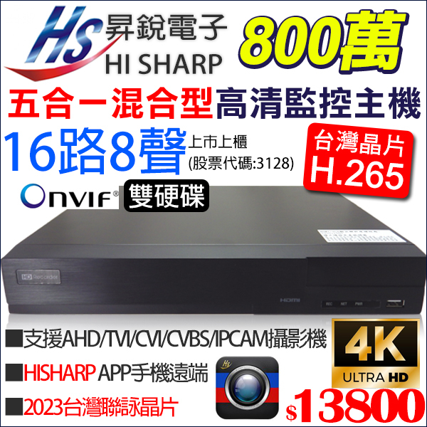 H.265 昇銳 16路 8聲 8MP 800萬 4K 雙碟 監控主機 台灣製 監視器 HS-HP6321