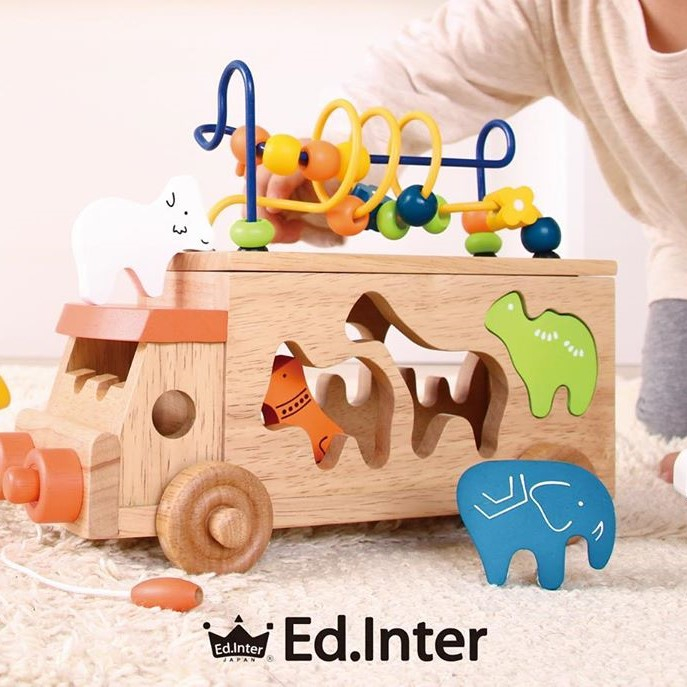 二手缺件✨日本 Ed.Inter 木玩系列 動物巴士手拉車 木製玩具 繞珠玩具