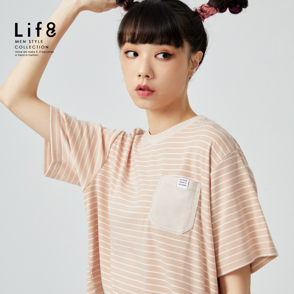Life8-ALL WEARS 條紋口袋 短版短袖上衣(女)-43003