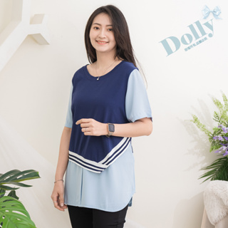 台灣現貨 大尺碼深藍棉配異材質假2件式上衣-Dolly多莉大碼專賣店