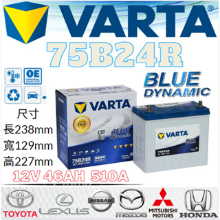 華達VARTA 75B24R 12V46AH 510A汽車 電瓶 免加水 銀合金 藍色動力