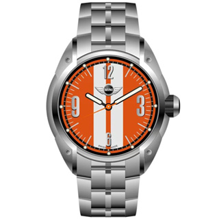 MINI SWISS WATCHES 石英錶 45mm 橘底白條錶面 不銹鋼錶帶-銀色