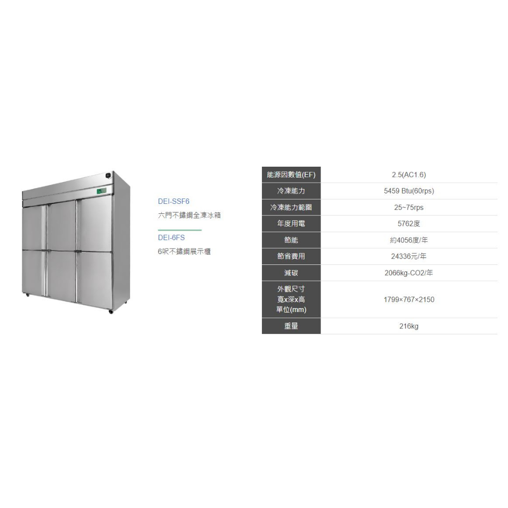 得意 節能六門風冷全凍不鏽鋼冰箱/DEI-SSF6/變頻/風冷 Energy-Saving Freezer