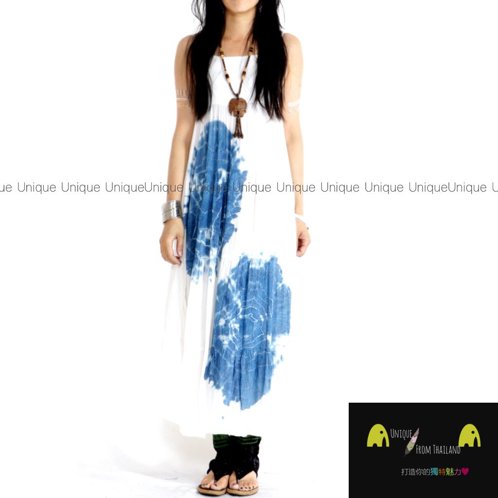Unic＠泰國進口植物染細肩帶洋裝『TD303透氣棉麻手工綁染❄️超涼感❄️洋裝』藍染～異國風 波希米亞風 洋裝