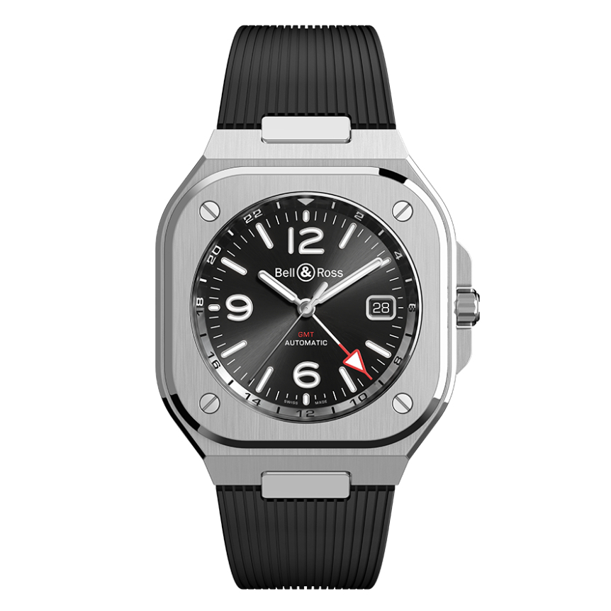 Bell &amp; Ross 柏萊士BR 05系列 兩地時區機械腕錶-黑膠/41mm (BR05G-BL-ST/SRB)