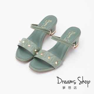 DREAMS SHOP 台灣真皮鉚釘一字帶2Way方頭低跟涼拖鞋4.5cm 芥綠【PJ95239】大尺碼女鞋37-45