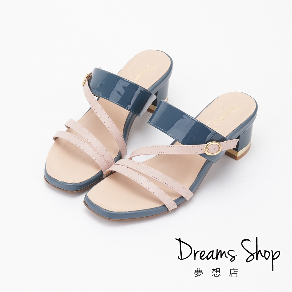 DREAMS SHOP 氣墊_MIT真皮拼色細帶方頭低跟拖鞋 灰藍漆【PJ95242】大尺碼女鞋37-45