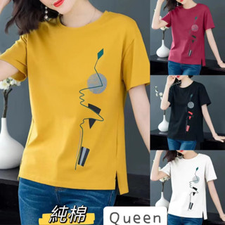 Queen👑M-4XL 純棉短袖T恤女夏季新款韓版寬松大尺碼女裝100公斤胖mm體恤印花上衣潮